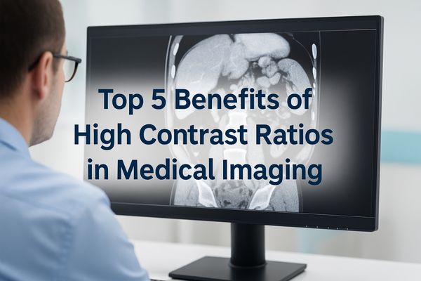 Radiologist viewing high-contrast medical images on a Reshin display with bold overlay text listing benefits