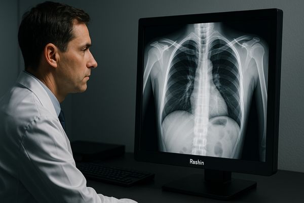 Radiologist analyzing a scan on a high-contrast Reshin monitor