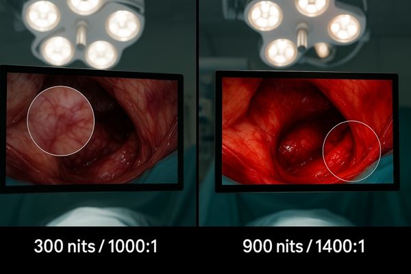 An image showing a high-contrast surgical display on the left and a washed-out, low-contrast display on the right