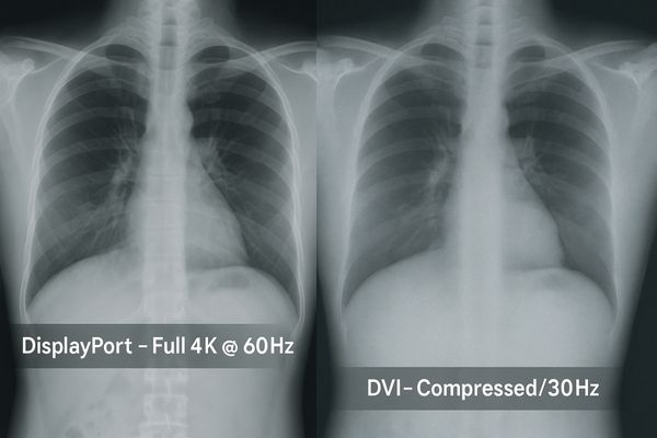 Side-by-side comparison: clear 4K medical image via DisplayPort vs. slightly degraded image via DVI