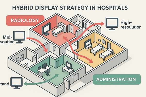 Diagram of a hospital with different monitor types in different departments