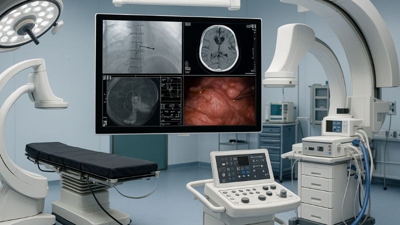 Hybrid operating room with a 43-inch display showing integrated imaging from multiple sources