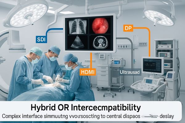 A hybrid operating room showing multiple video sources like a C-arm and endoscope tower all feeding into one central monitor