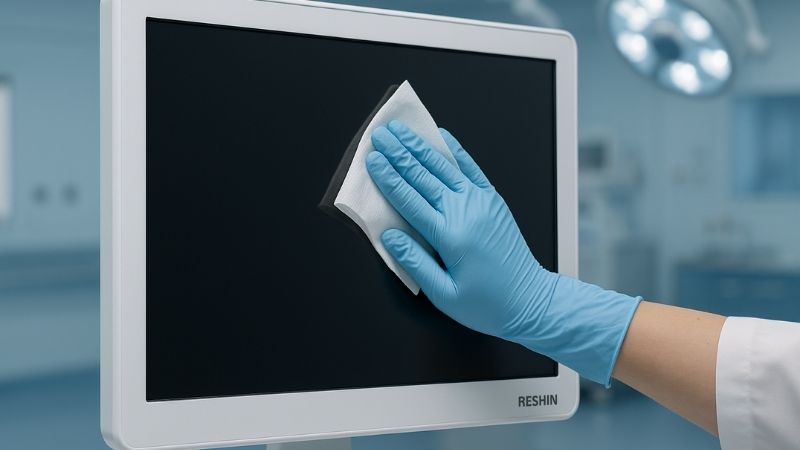 Medical monitor being wiped down with disinfectant, showing its sealed design