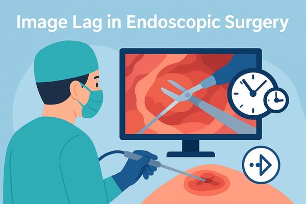 Surgeon performing endoscopic surgery while viewing a lagging image on a monitor with time delay icons