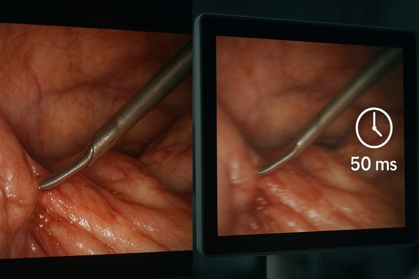 Surgeon's view of an endoscopic procedure on a surgical monitor with a slight blur indicating lag