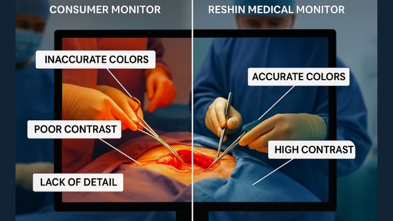 Split screen showing a clear surgical image on a medical monitor vs. a poor quality image on a consumer monitor
