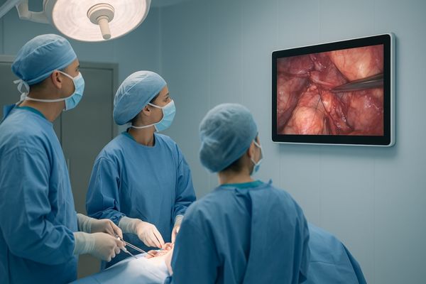 Surgical team efficiently working with a well-positioned wall-mounted display