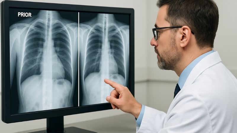 Radiologist comparing current and prior scans on a bright, stable monitor