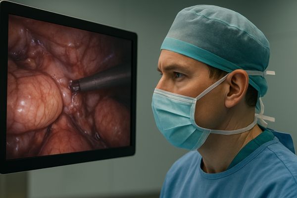 Close-up of a surgeon intently viewing a laparoscopic monitor during a procedure