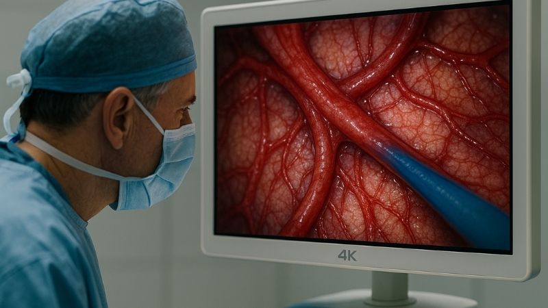 Surgeon examining detailed vascular image on monitor