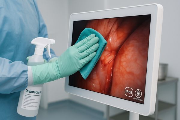 Medical staff cleaning a sealed medical-grade display in an operating room