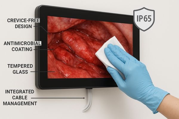 Close-up of a sealed, easily cleanable wall-mounted medical display