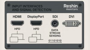 Close-up view of input ports on a Reshin medical display (HDMI, DisplayPort, SDI, DVI), showcasing different signal detection methods and connection types for optimal medical imaging.