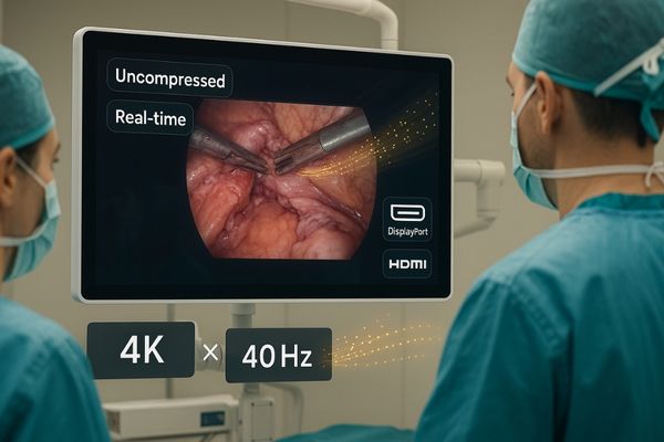 Surgical team viewing a crisp, uncompressed 4K image on a large display