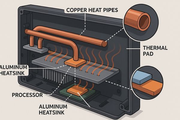 A cutaway view of a monitor showing an internal copper heat pipe and aluminum heatsink