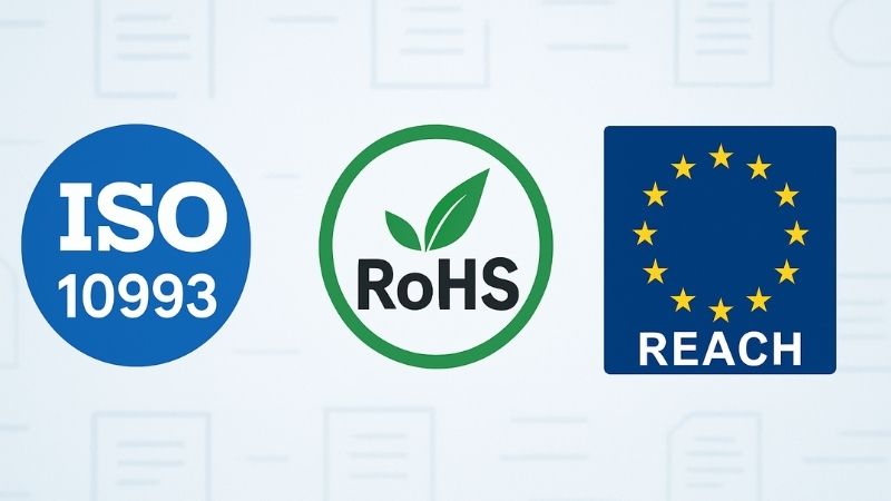 Collage of logos for ISO 10993, RoHS, and REACH standards