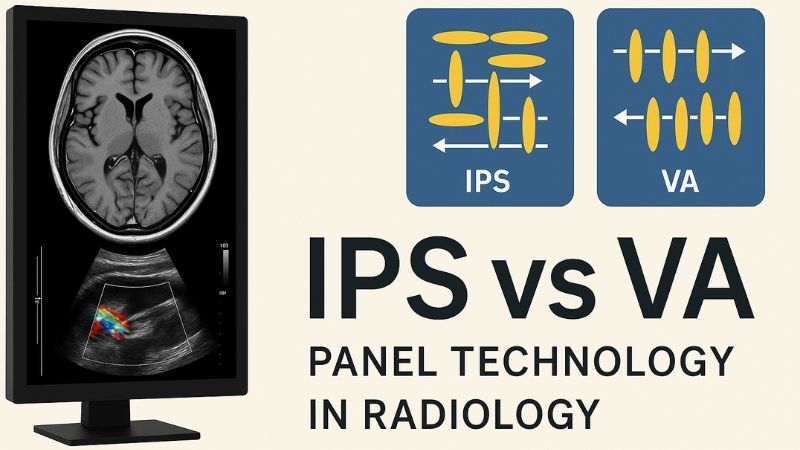 Comparison of IPS and VA panel technology for radiology, showing a medical monitor with brain MRI and Doppler ultrasound, and diagrams of liquid crystal alignment.