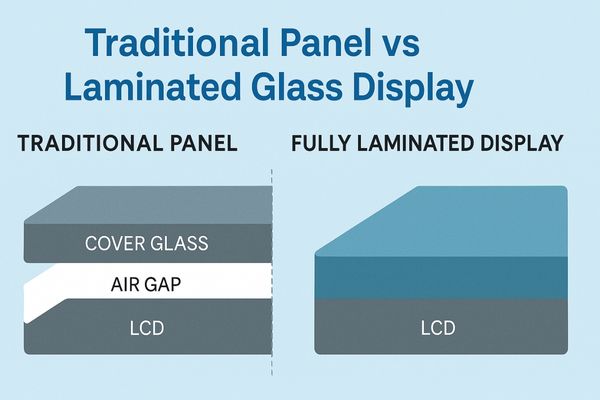 Comparison diagram showing traditional surgical display with air gap versus fully laminated glass display