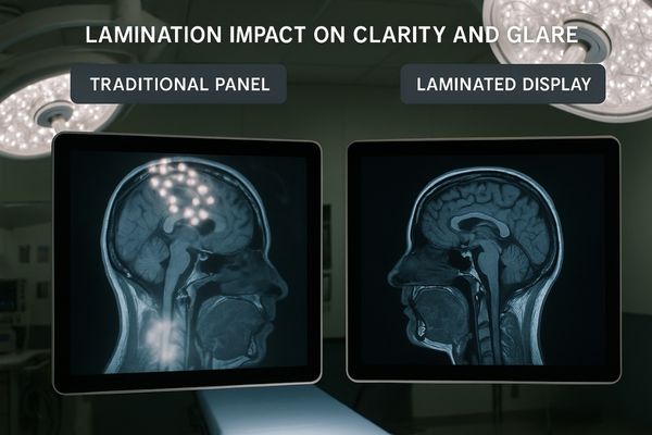 Side-by-side image: one display with glare, one laminated display with minimal glare under bright light