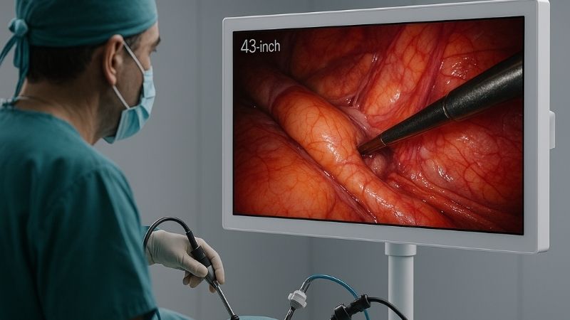 Surgeon performing laparoscopy looking at a large 43-inch display