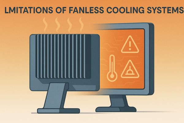 A monitor with a large heat sink next to a thermometer icon showing high temperature