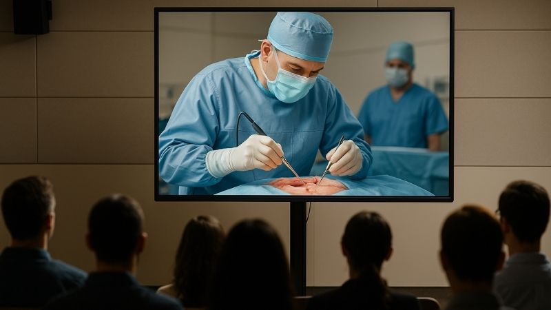 Surgical demonstration being broadcast, with a 43-inch display visible to the audience
