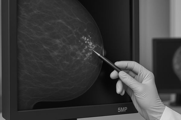 Mammogram detail showing microcalcifications on a high-resolution screen