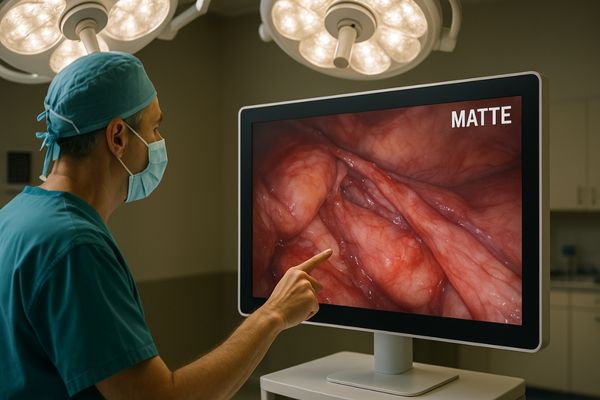 A surgeon pointing at a matte screen in a brightly lit OR, with minimal reflection visible