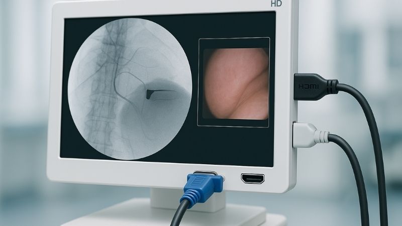 A medical display showing connections for both analogue and digital signals