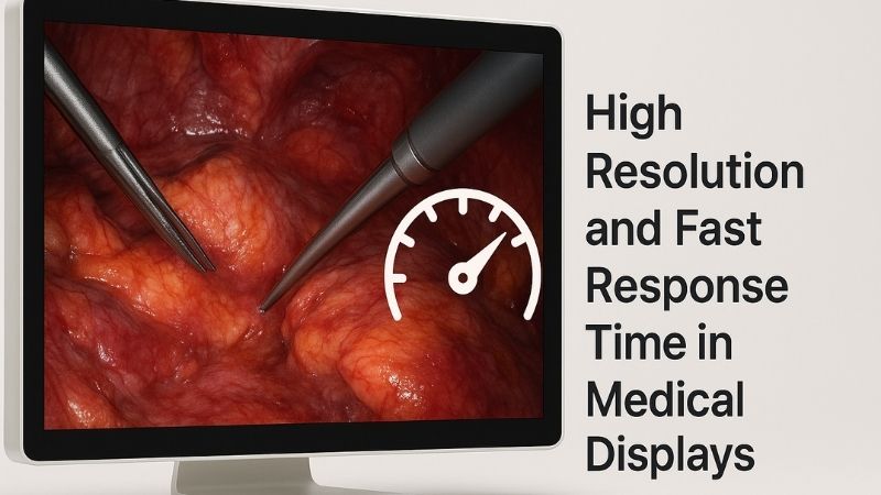 A medical display showing a crisp, high-resolution image with an icon indicating fast response