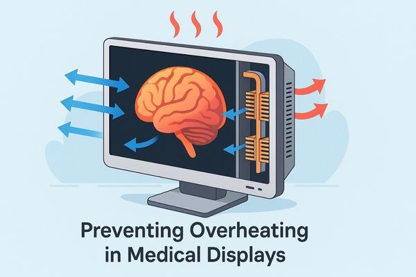 Illustration of a medical display with internal heat sinks and airflow arrows showing thermal management to prevent overheating