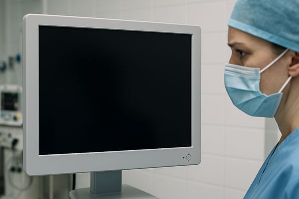 A medical display showing an error message or a blank screen due to power issues