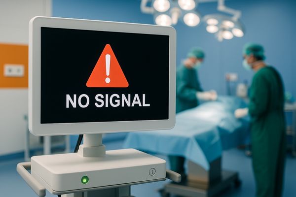 Medical display with power warning symbol, set in a hospital environment with bright lighting and error message on screen, illustrating power fluctuation impact.