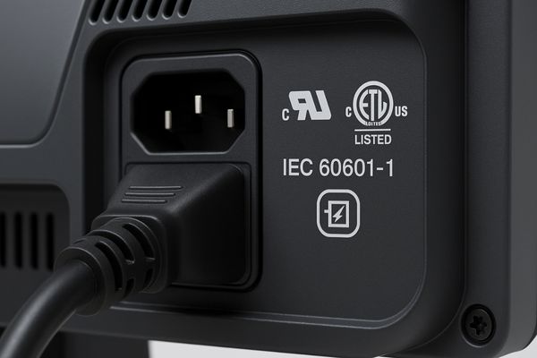 Close-up of a medical display's power input area showing safety certification marks or robust connector