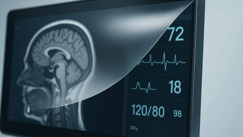 A close-up of a medical display screen showing its special coating