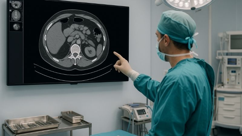 Surgeon reviewing a CT scan on a 43-inch display in the OR during a procedure