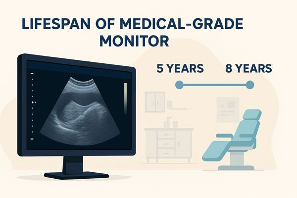 Medical-grade monitor displaying ultrasound image with lifespan timeline of 5 to 8 years in a clinical setting
