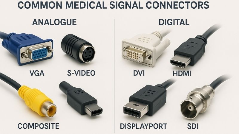Montage of different analogue and digital connectors used in medical equipment