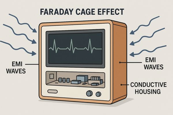 A cutaway diagram of a monitor showing how the metal housing blocks external EMI waves