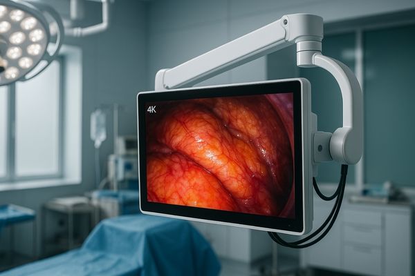A 4K surgical monitor mounted on a boom arm in a modern operating room