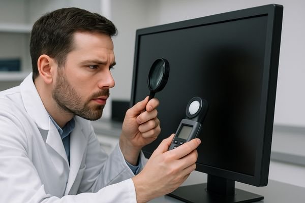 Technician inspecting an aging monitor panel