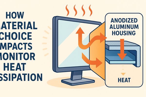 Illustration showing how anodized aluminum housing improves monitor heat dissipation through efficient thermal transfer.