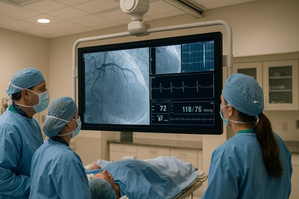 Cath lab team collaborating while viewing images on a large, boom-mounted display