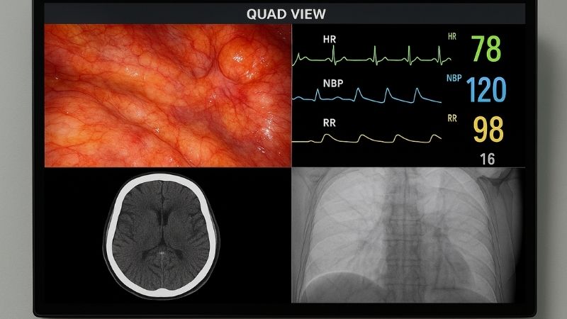 43-inch display showing Quad View with four different medical image sources