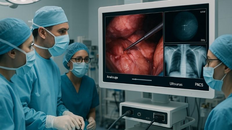 Surgical team using a multi-input medical display in an operating room