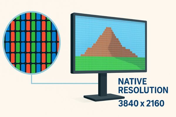 Close-up view of RGB subpixels and a medical monitor displaying a 4K native resolution image with pixel grid visualization.