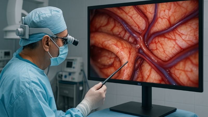 Neurosurgeon performing a delicate procedure while viewing a 43-inch 4K display