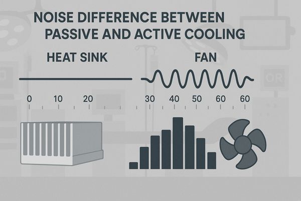 Sound wave icons showing zero noise from a heat sink and variable noise from a fan