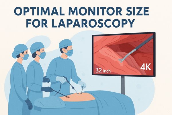 Surgical team performing laparoscopy using a 32-inch 4K monitor for enhanced visualization